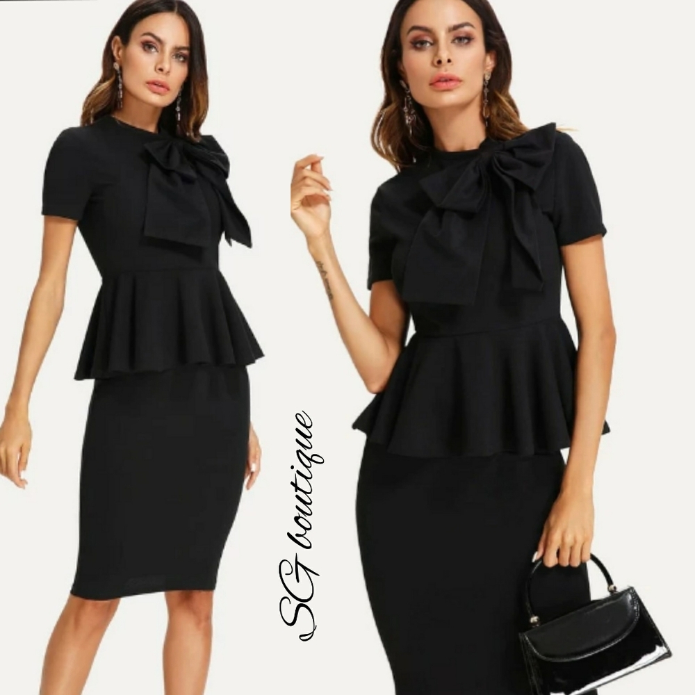 🆕⭐ Black bow neck peplum pencil midi dress